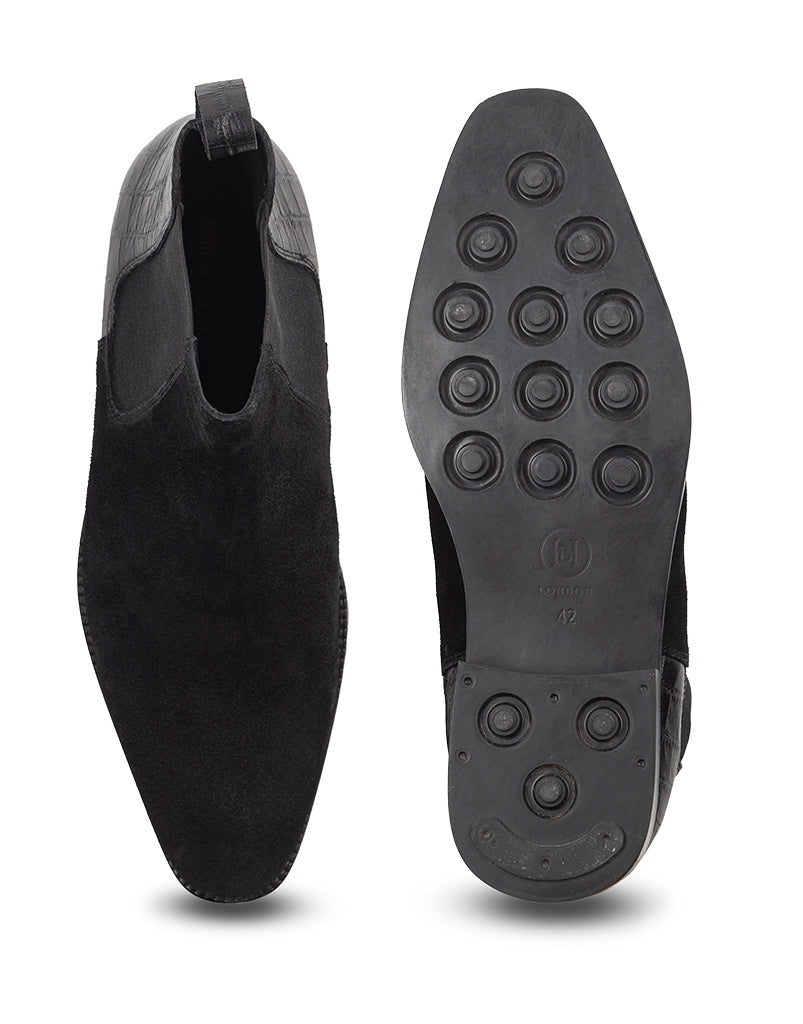 Heel & Buckle London Croc Embossed Black Suede Chelsea Boots