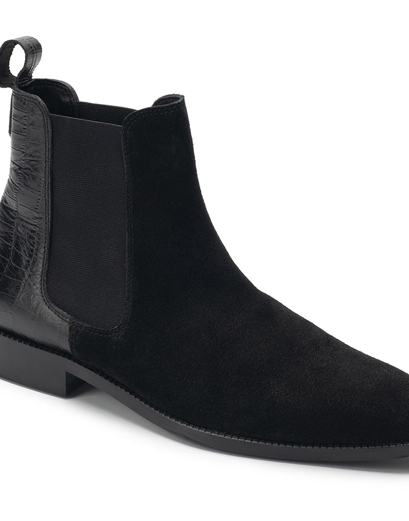 Heel & Buckle London Croc Embossed Black Suede Chelsea Boots