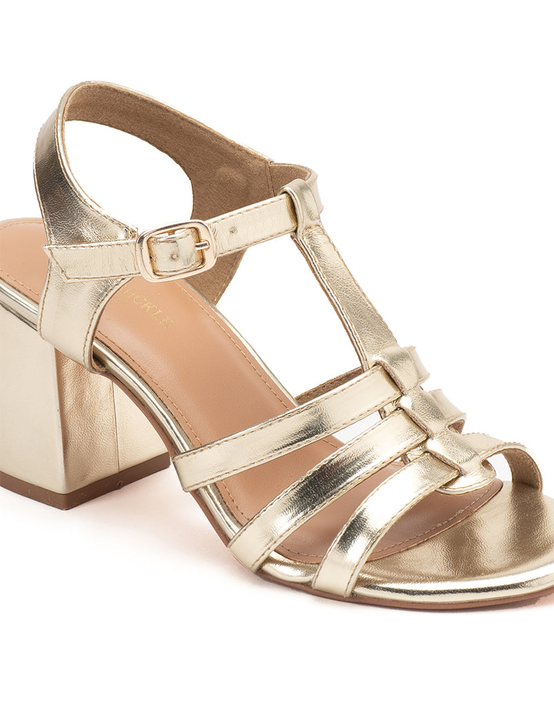 Buy Gold Ankle Strap Block Heels Online | The Label Life