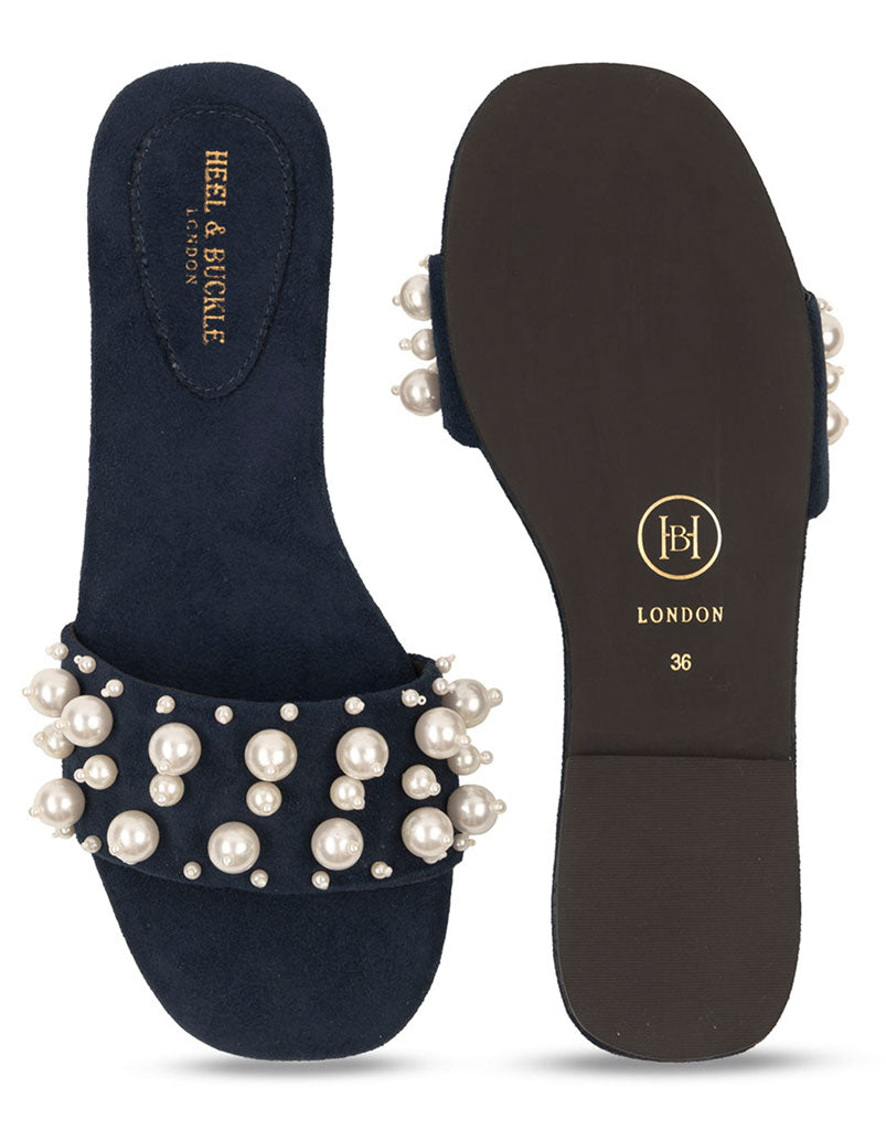 Navy Pearl Studded Slip-ons