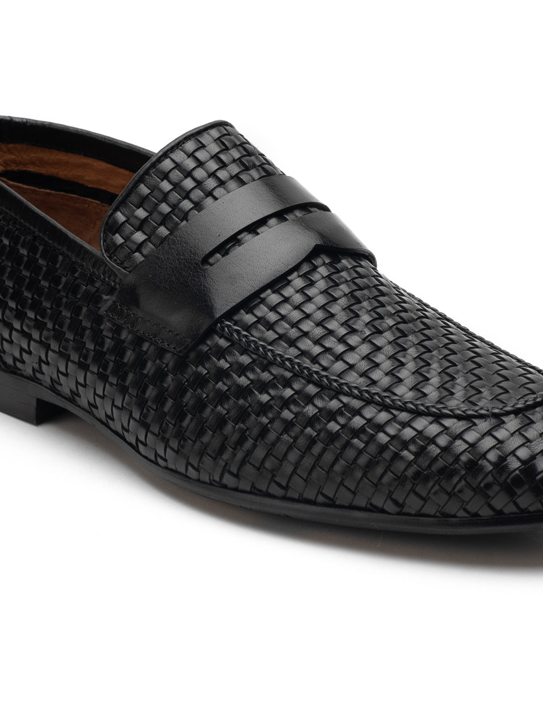 Textured Black Penny Loafers
