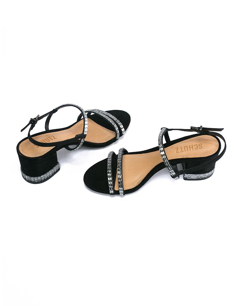 Schutz Rhinestone Encrusted Black Block-Heel Evening Sandals